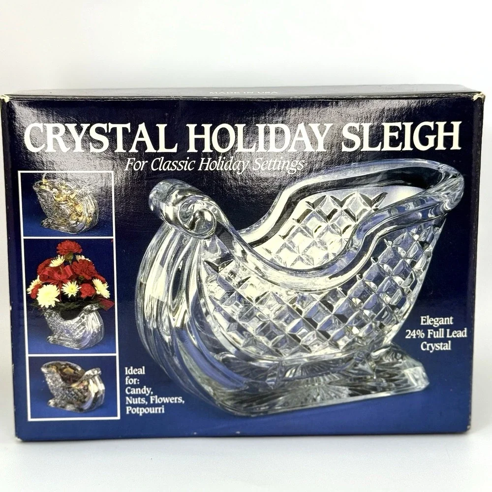 Vintage St George Crystal Holiday Sleigh 24% Lead USA‎ Candy Dish NIB Giftware